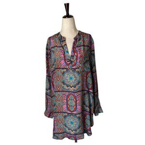 Tolani Shirt Women Medium Pink Blue Silk‎ Geometric Long Sleeve Tunic Top Boho